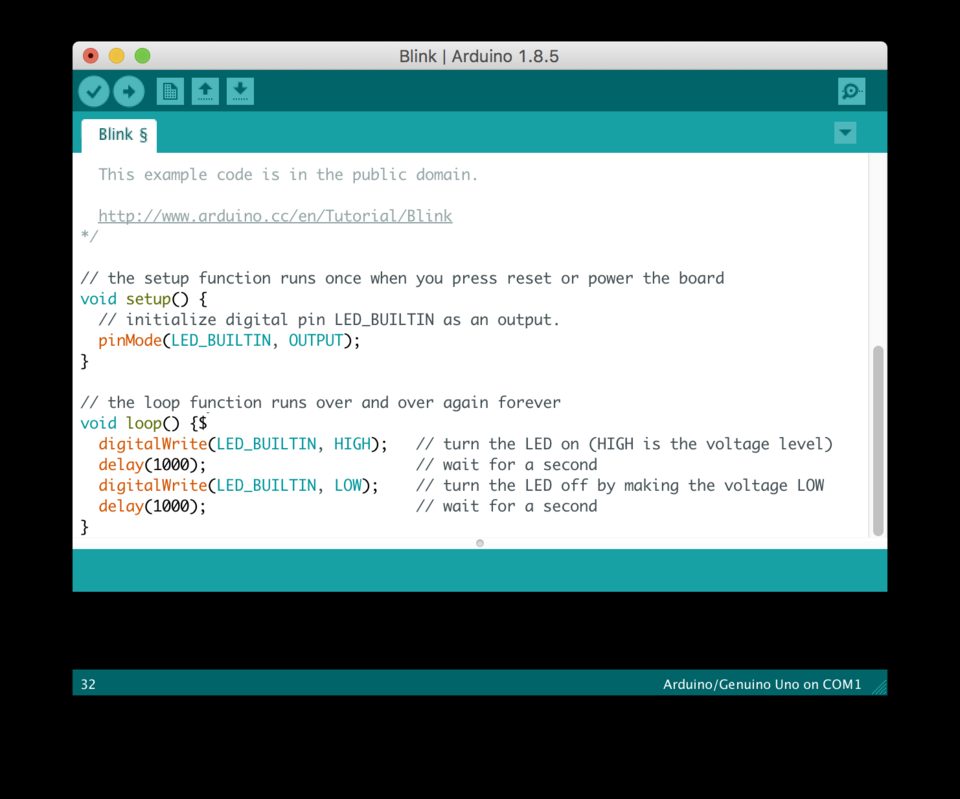 The Blink sketch in the Arduino IDE.