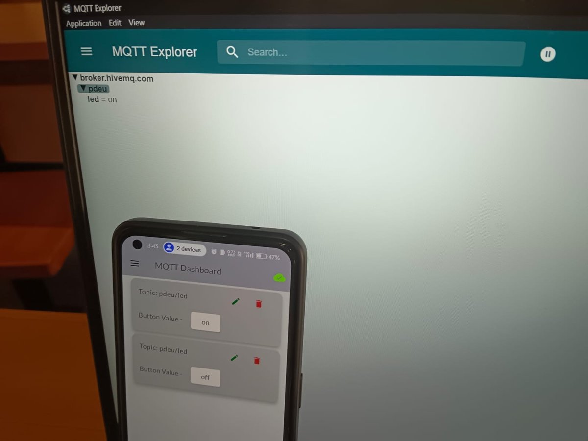 After pressing "on": MQTT Explorer shows pdeu ▸ led = on.